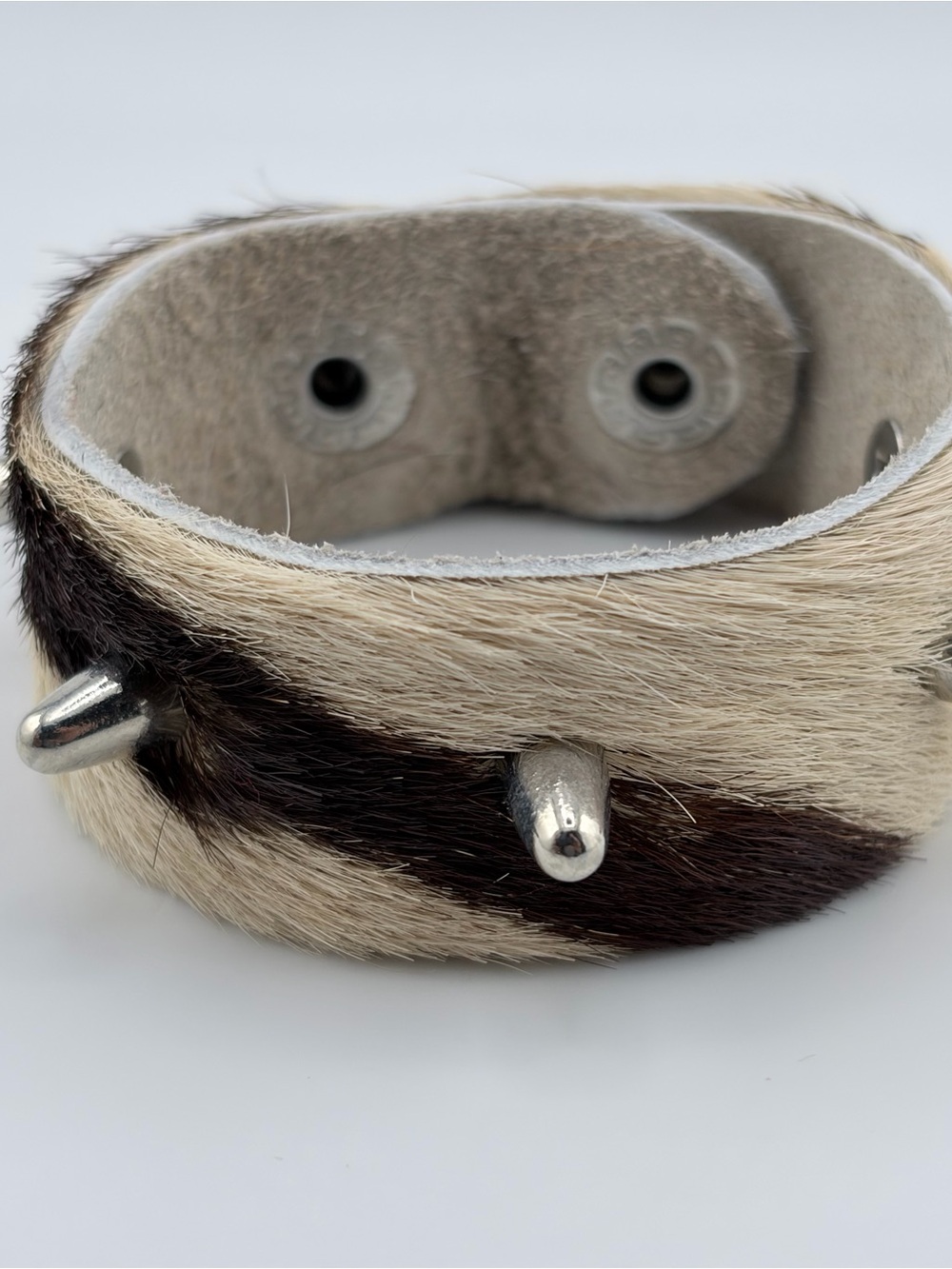 Hair-On-Hide Spike Cuff Bracelet in Cream & Dark Brown
